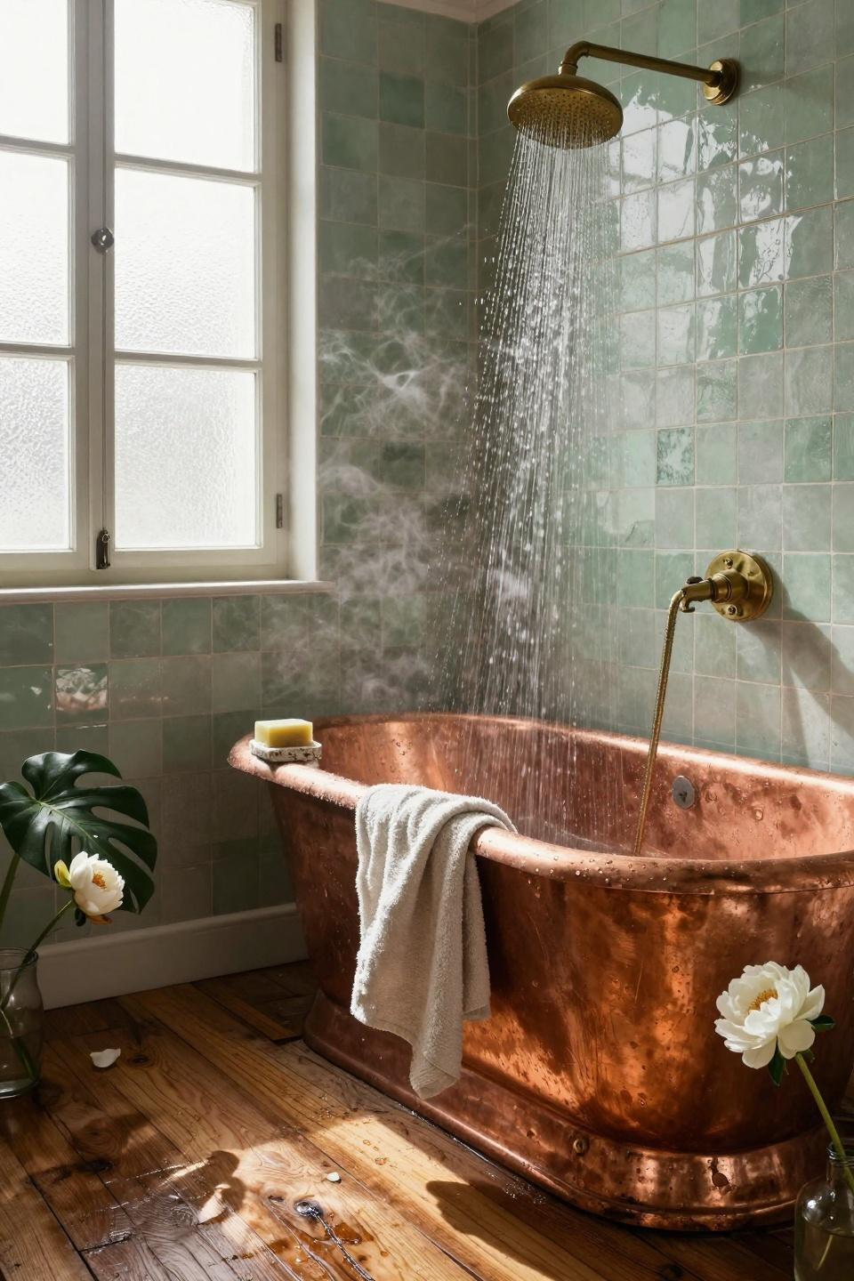 Master Bath Ideas - copper tub on reclaimed oak floors