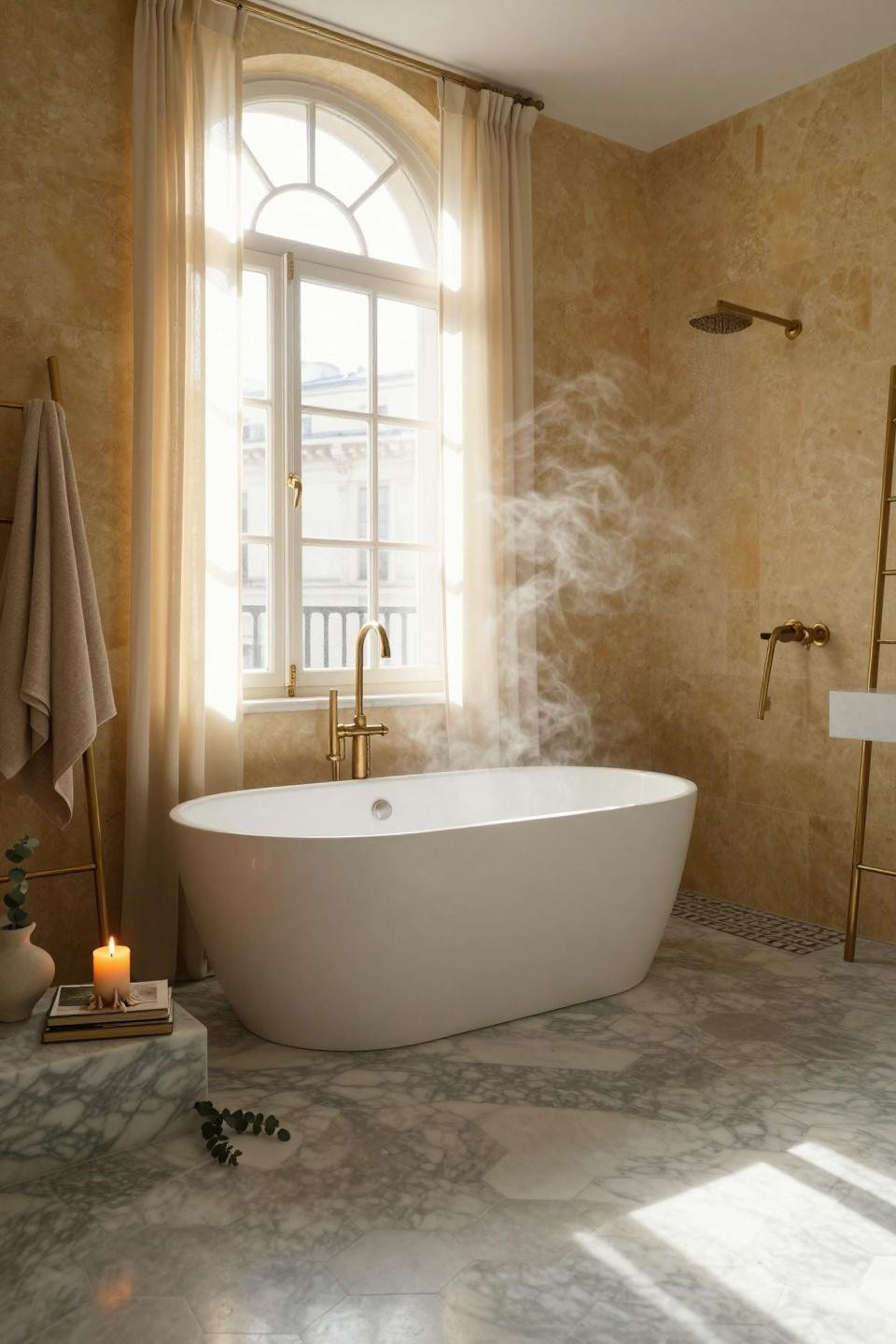 Master Bath Ideas - rough travertine with arched windows