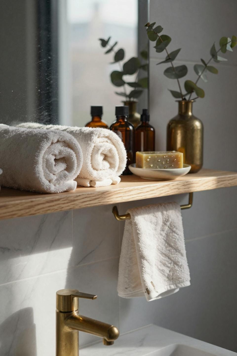 Master Bath Ideas - compact bathroom with open oak shelving