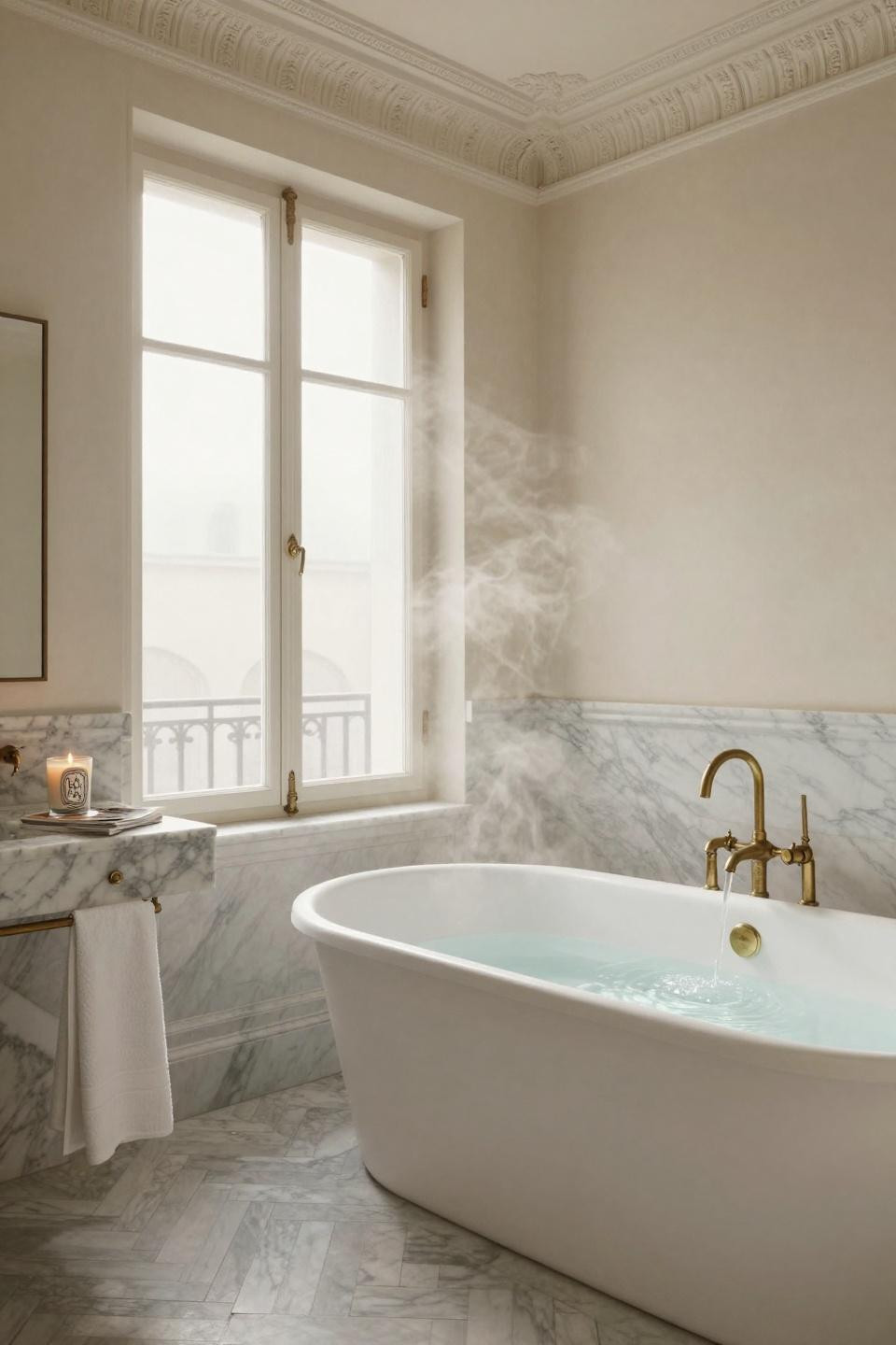 Master Bath Ideas - herringbone marble floors with brass fixtures