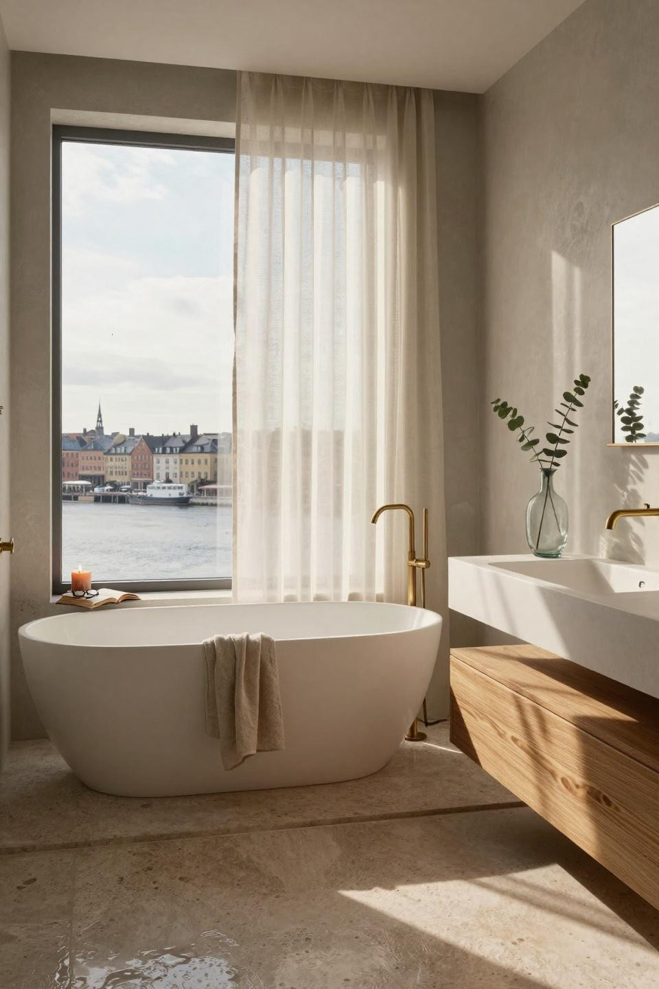 Master Bath Ideas - travertine wet room with brass details