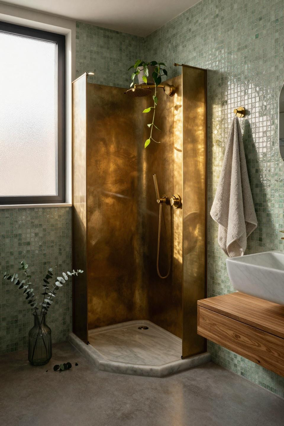 Master Bathrooms With Walk In Showers - compact shower with green mosaic tile and brass partition