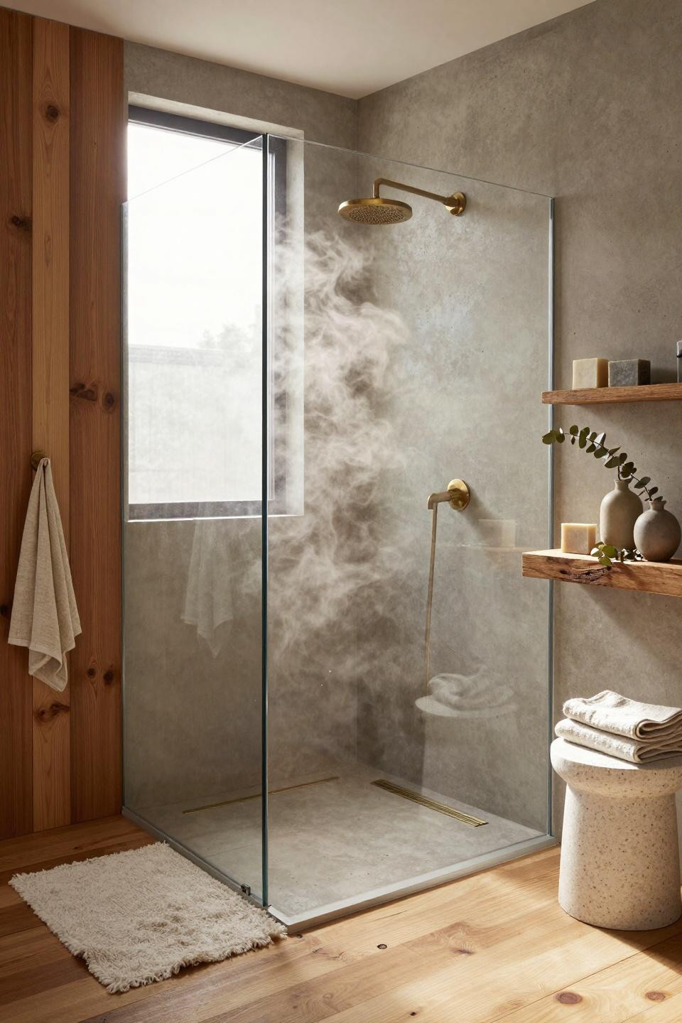 Master Bathrooms With Walk In Showers - industrial shower with poured concrete and wood slats