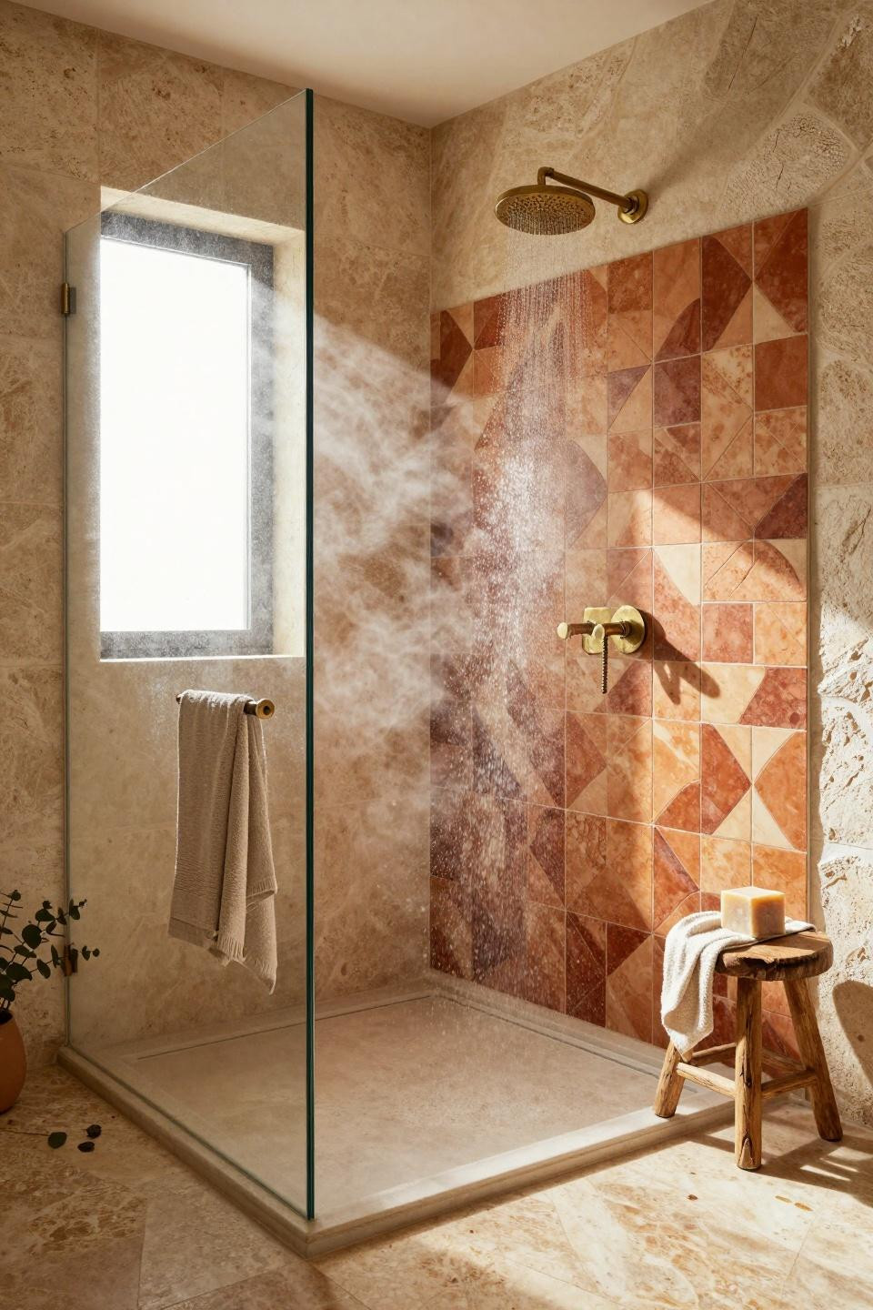 Master Bathrooms With Walk In Showers - large shower with patterned tile and wood stool