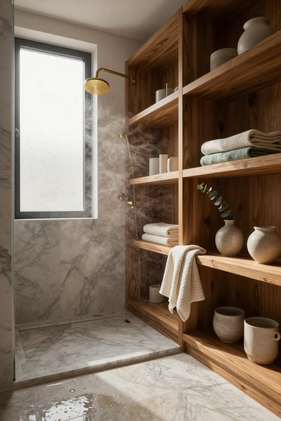 Master Bathrooms With Walk In Showers - compact frameless shower with oak storage