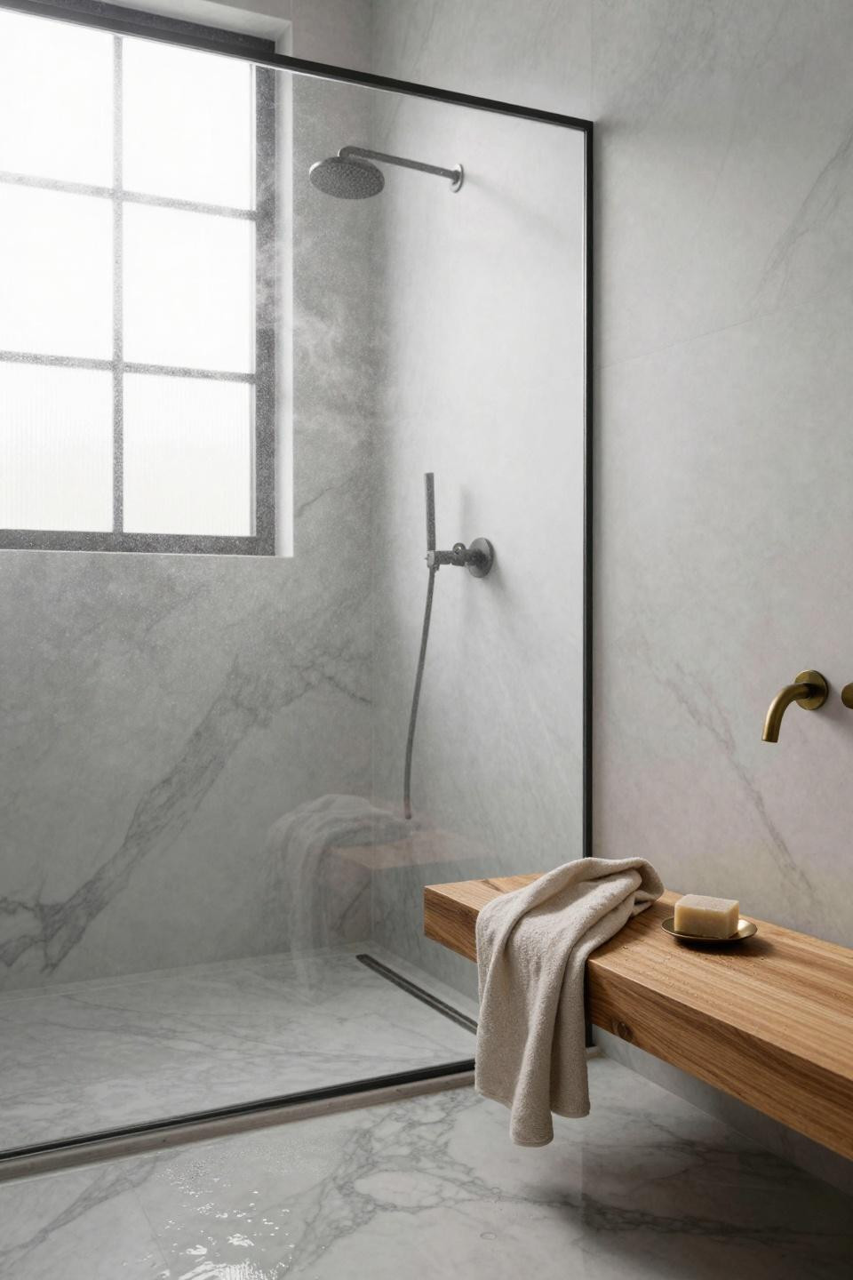 Master Bathrooms With Walk In Showers - clean shower with white marble and black fixtures