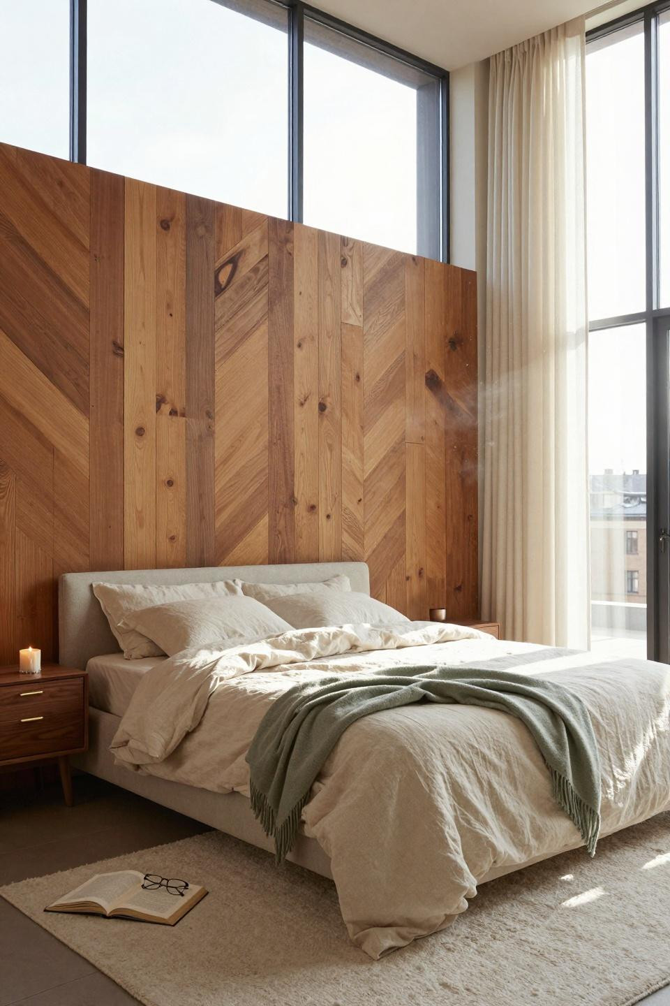 Master Bedrooms With Accent Wall - chevron wood pattern in warm oak