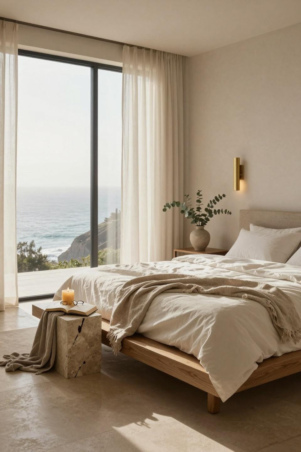Master Bedrooms Decor - minimalist Malibu bedroom with limestone and ocean view