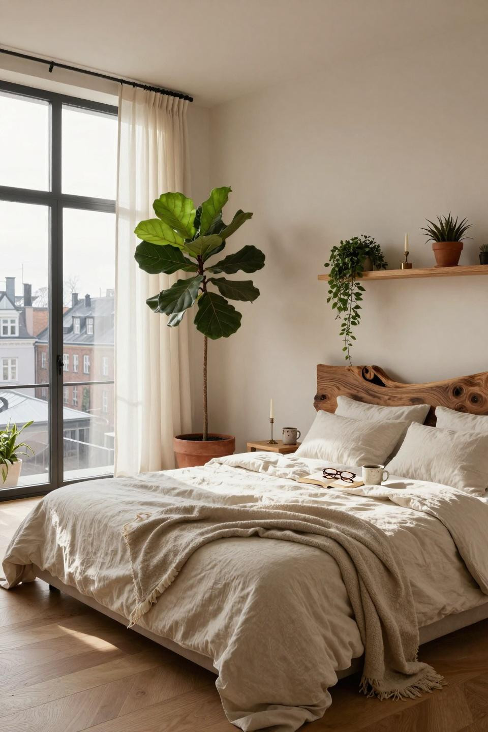 Master Bedrooms Decor - bedroom filled with fiddle leaf fig and trailing pothos