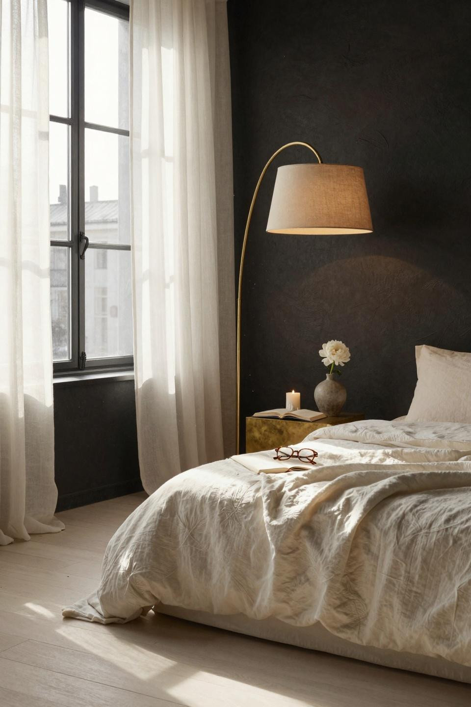 Master Bedrooms Decor - bedroom with charcoal plaster wall and brass arc lamp