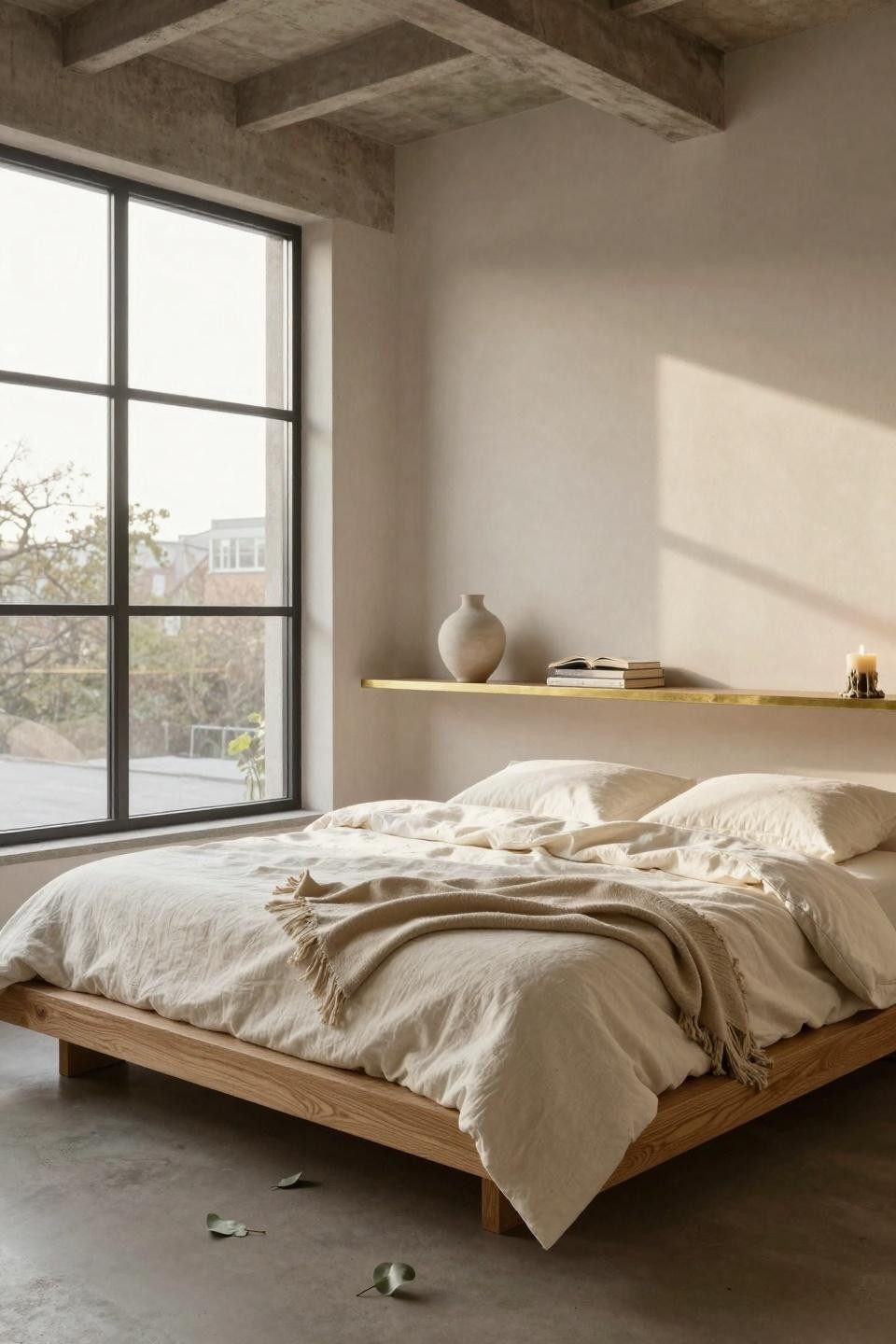 Master Bedrooms Decor - bedroom with floating brass shelves and oak bed frame