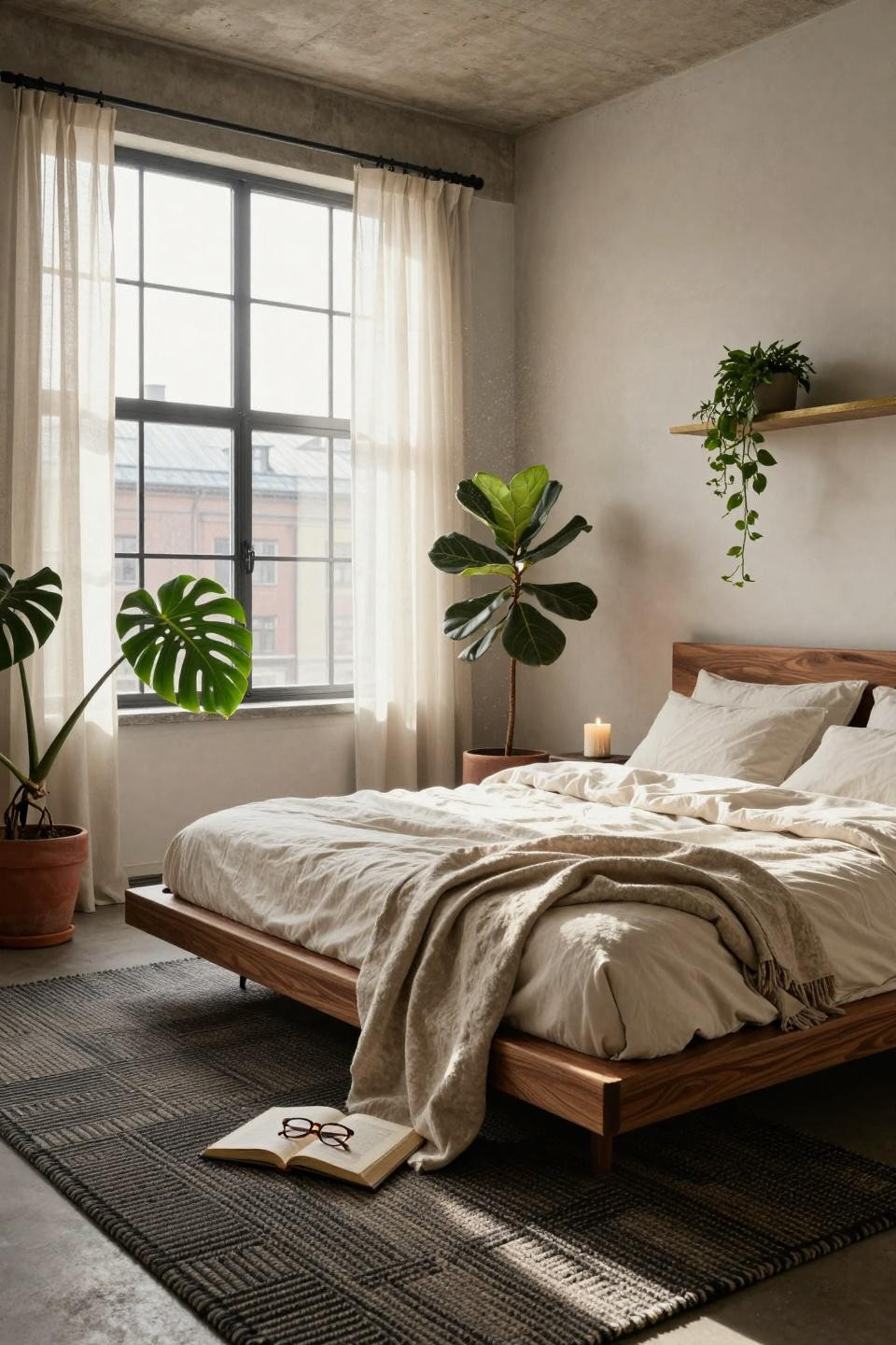 Master Bedrooms Decor - bedroom with geometric jute rug and monstera plant