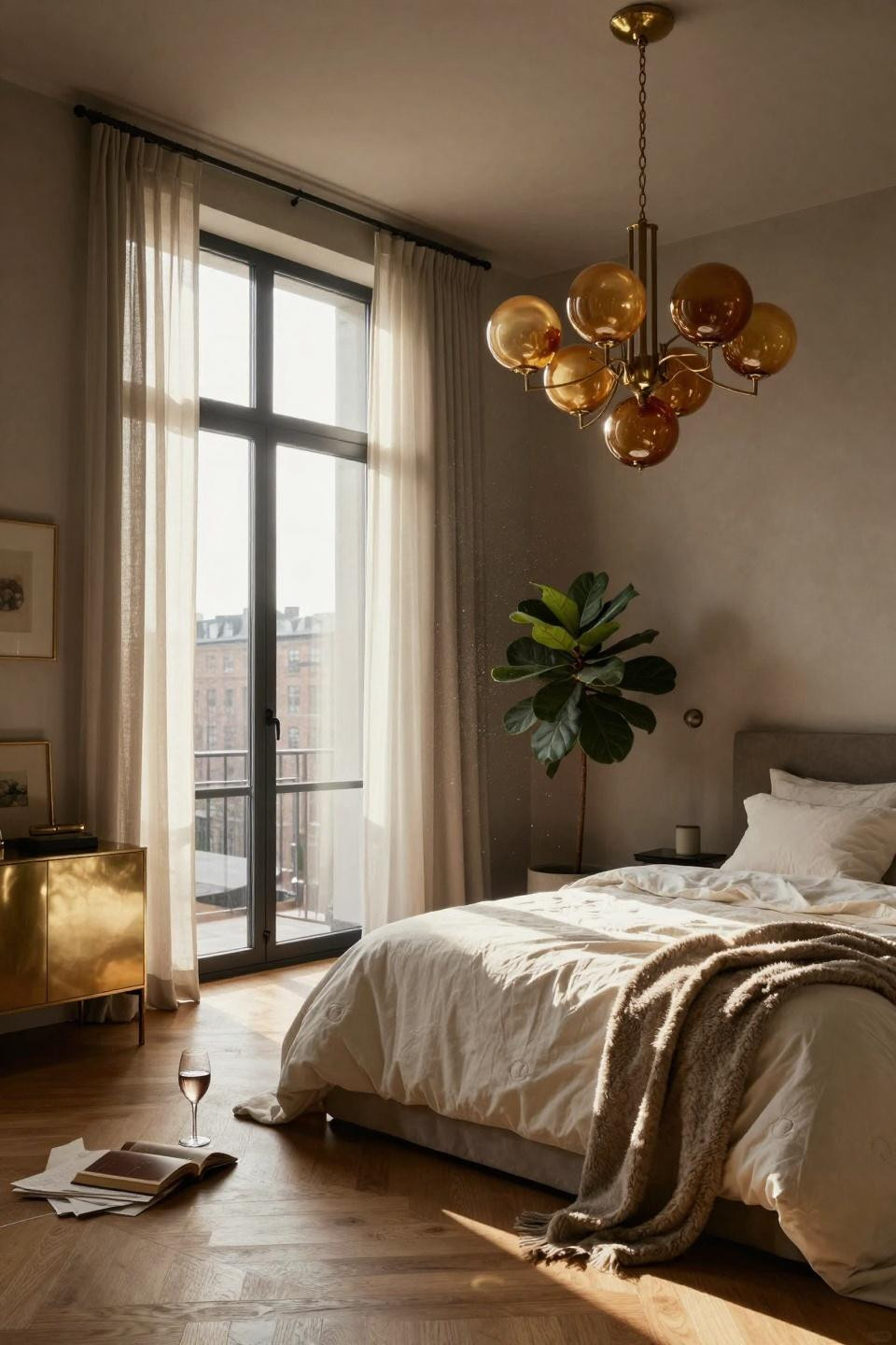 Master Bedrooms Decor - bedroom with sculptural brass chandelier and amber glass globes