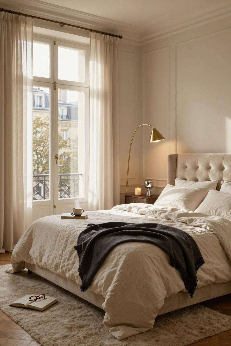 Master Bedrooms Decor - elegant Parisian bedroom with quilted velvet headboard