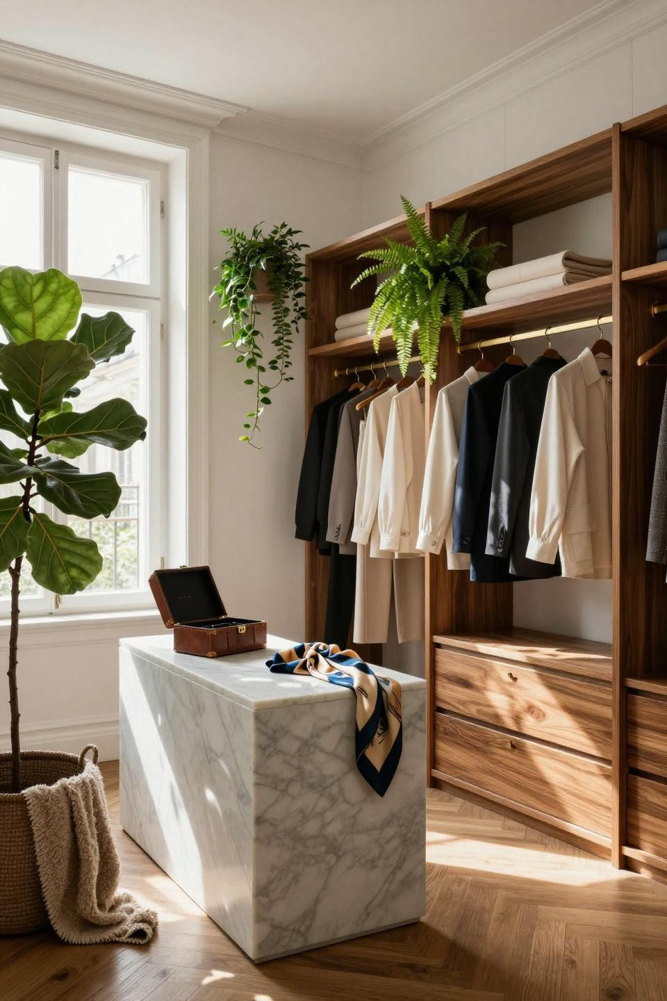 Master closet design with vertical oak shelving and potted plants