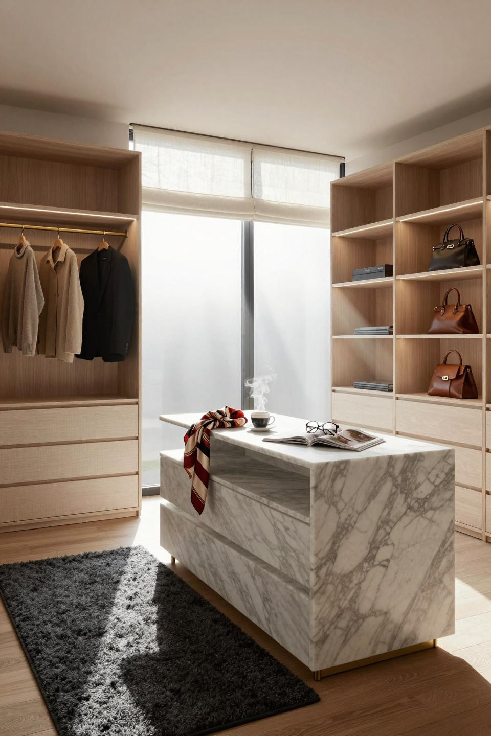 Master closet design with frosted glass wall and brass hardware