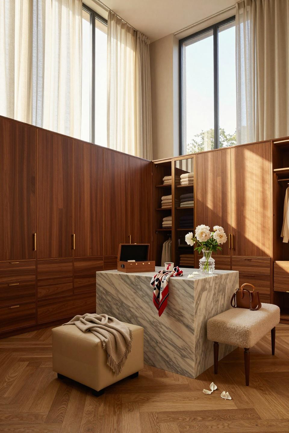 Master closet design in Milan penthouse with soaring ceilings