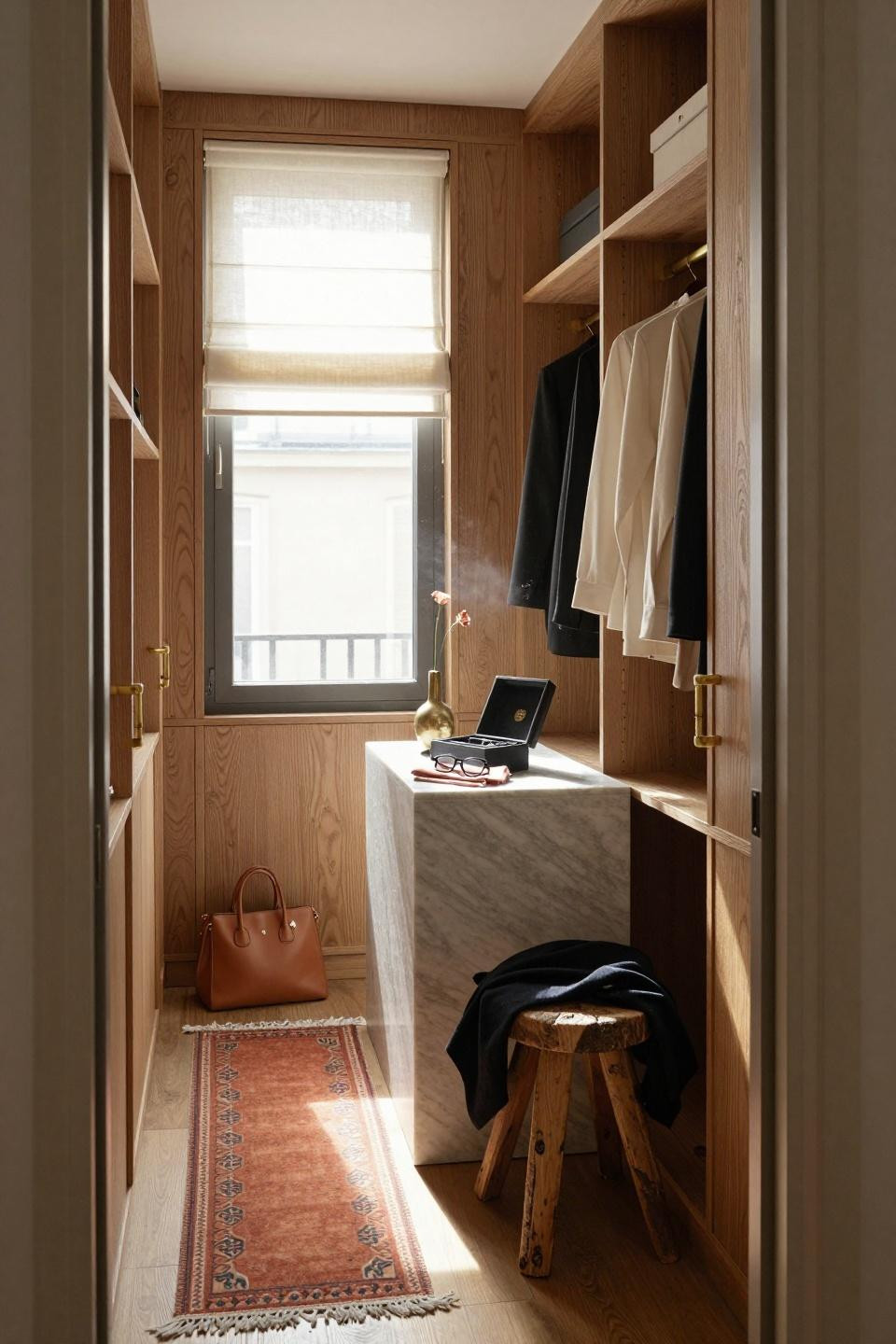 Master closet design in small 6x8 space with Carrara marble