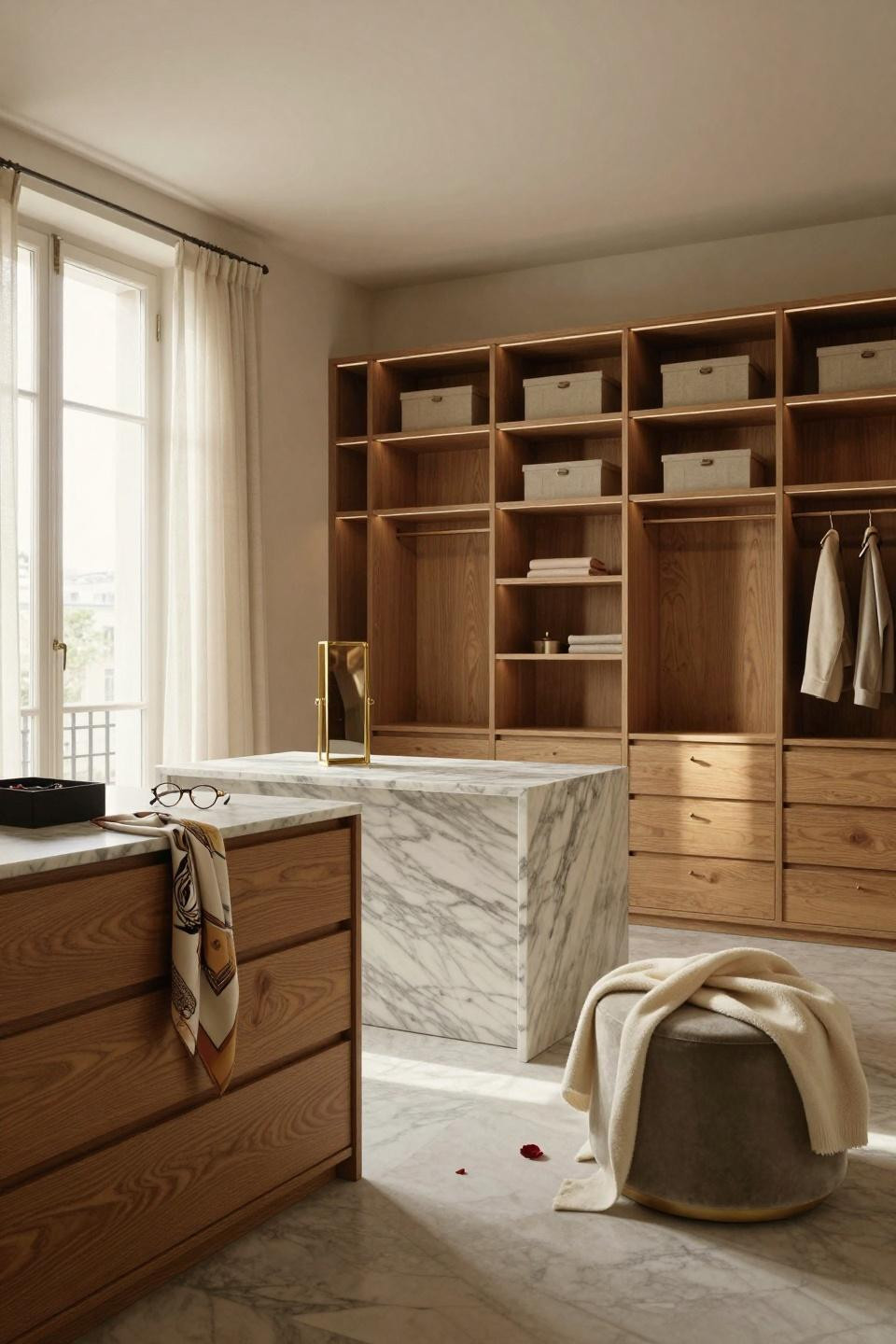 Master closet design featuring Calacatta marble island in Parisian apartment