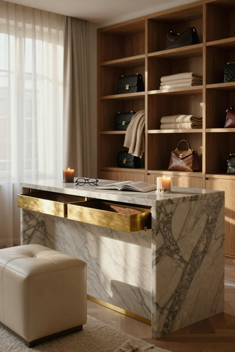 Master closet design with Calacatta marble island and brass trays