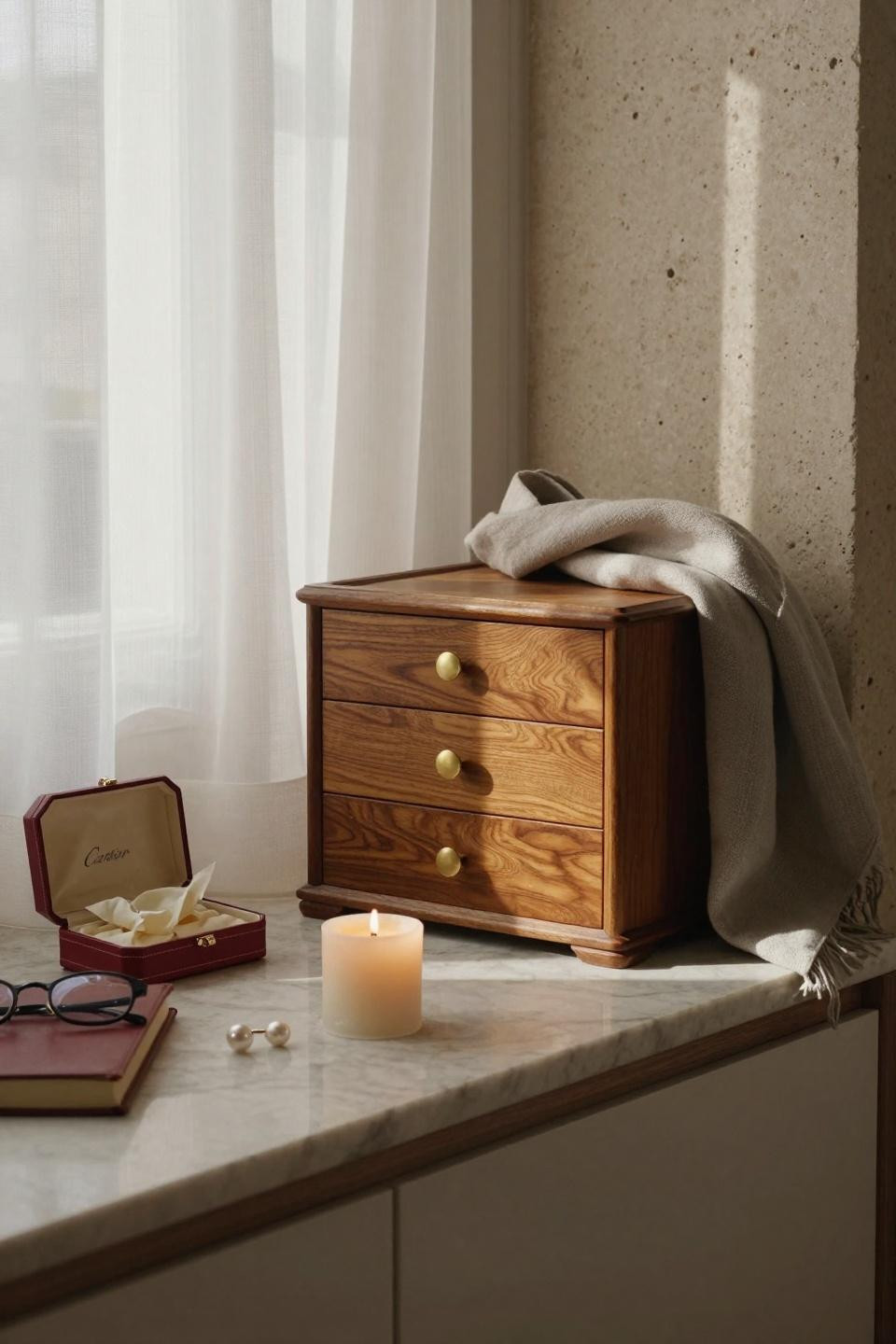 Master closet design with hand-carved walnut jewelry island