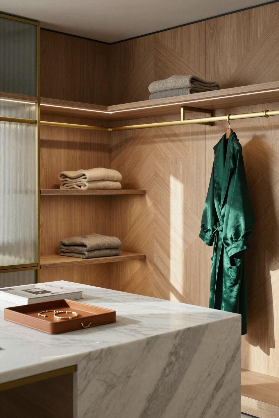 Master closet design with geometric chevron oak and brass pattern
