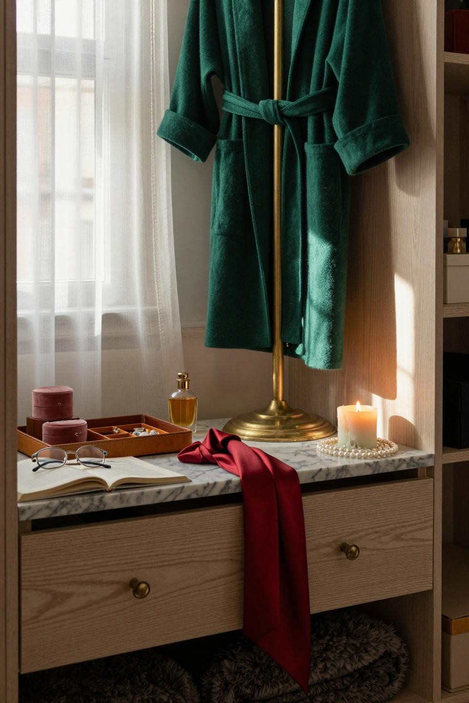 Master closet design closeup with brass valet stand and oak shelving