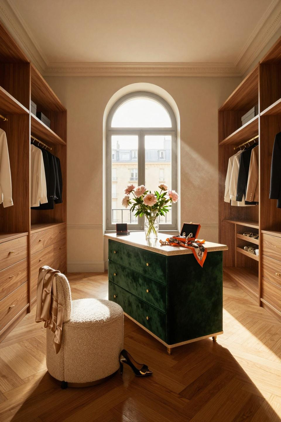 Master closet design with emerald velvet island and herringbone floors