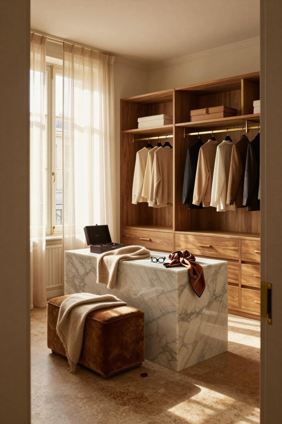 Master closet design with brass rail system and travertine flooring