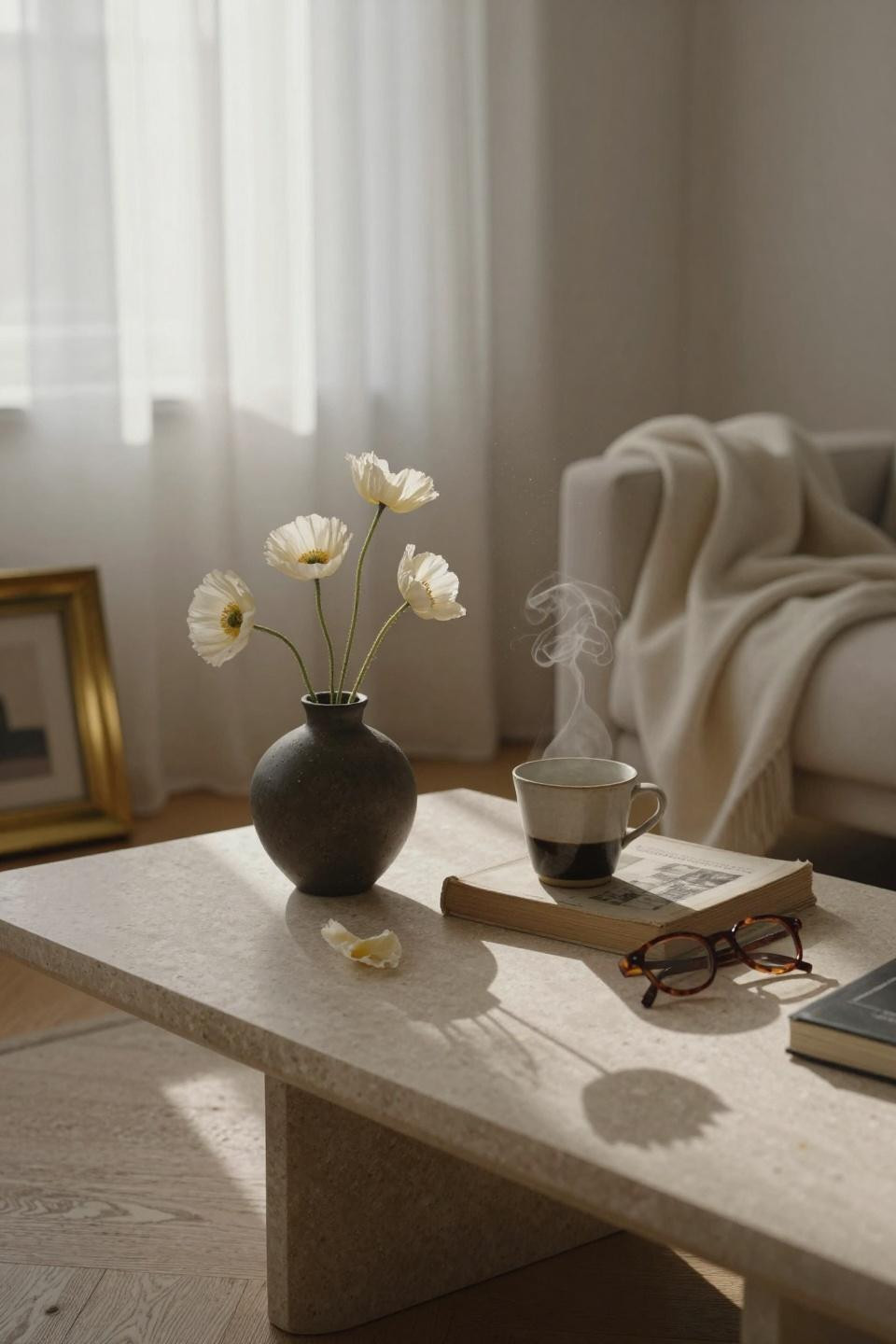 Lounge Room Ideas - minimalist living room with travertine table and flowers