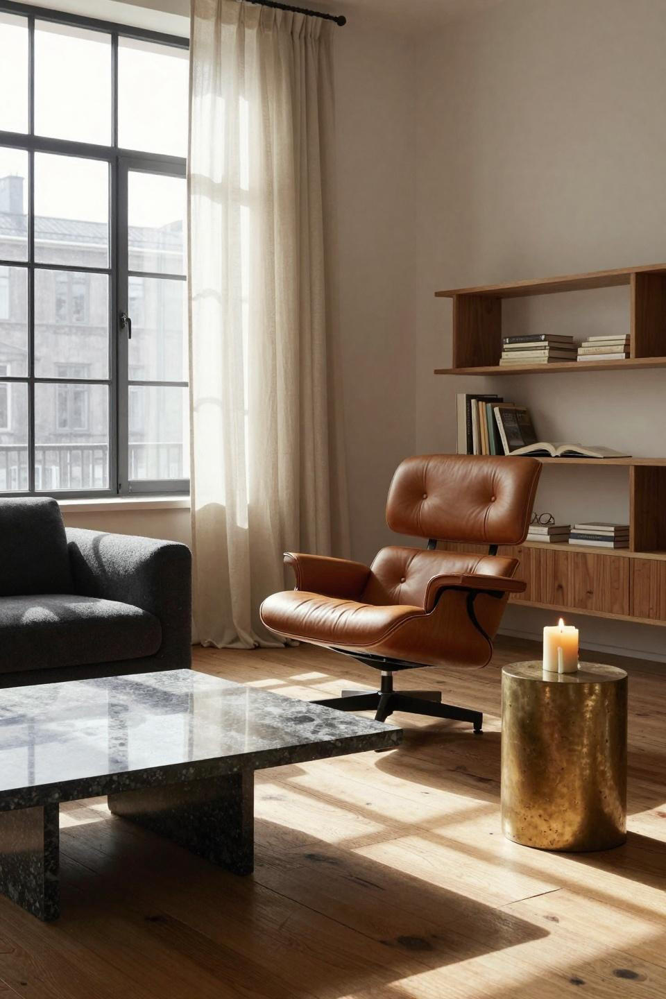 Lounge Room Ideas - minimalist living room with cognac leather chair