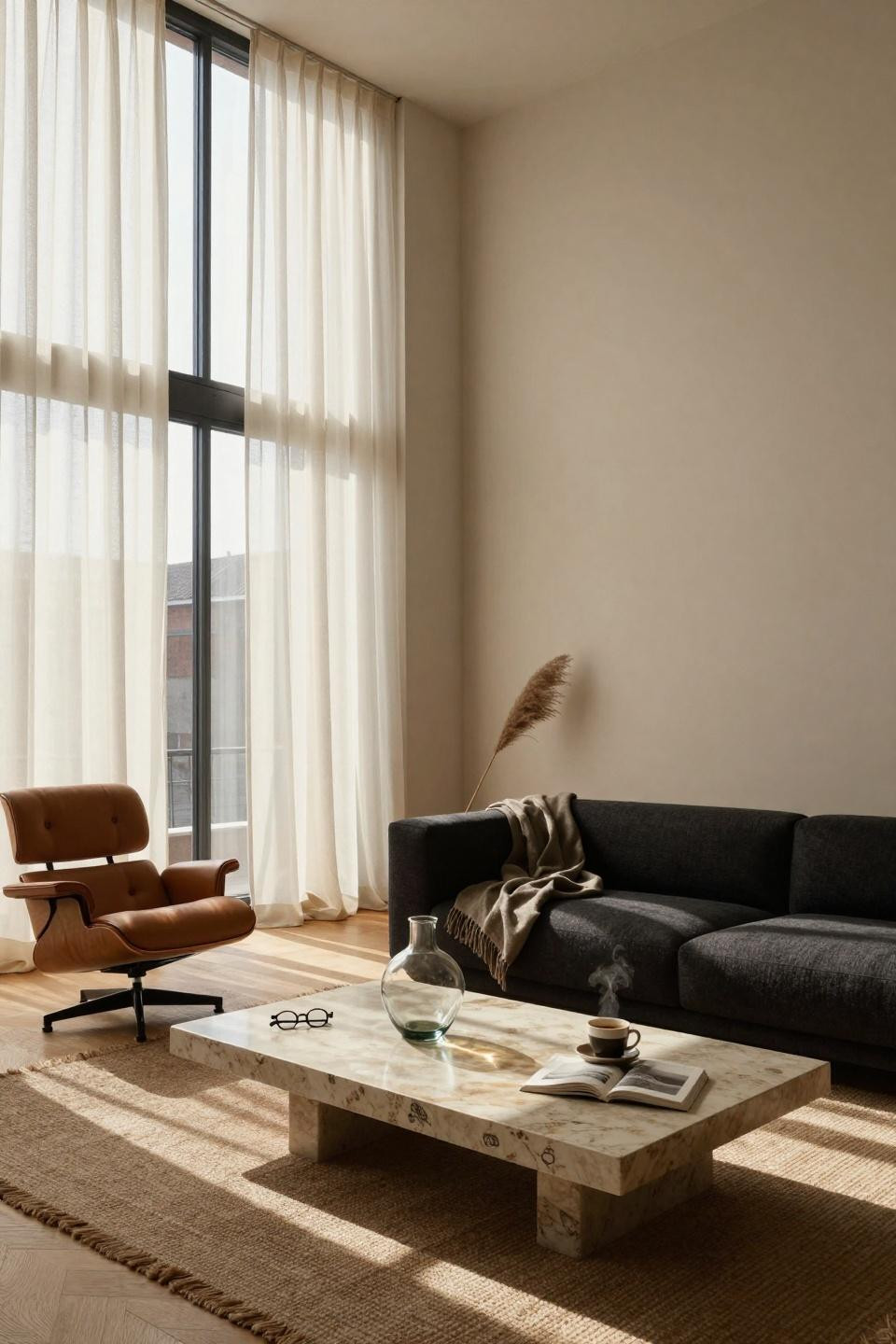 Lounge Room Ideas - minimalist lounge with massive windows and charcoal sofa