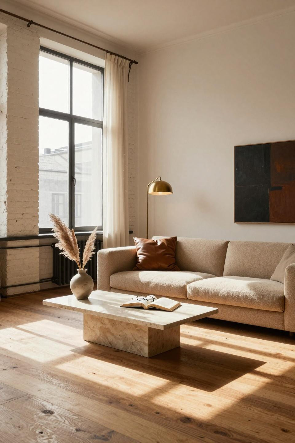 Lounge Room Ideas - minimalist living room with exposed painted brick