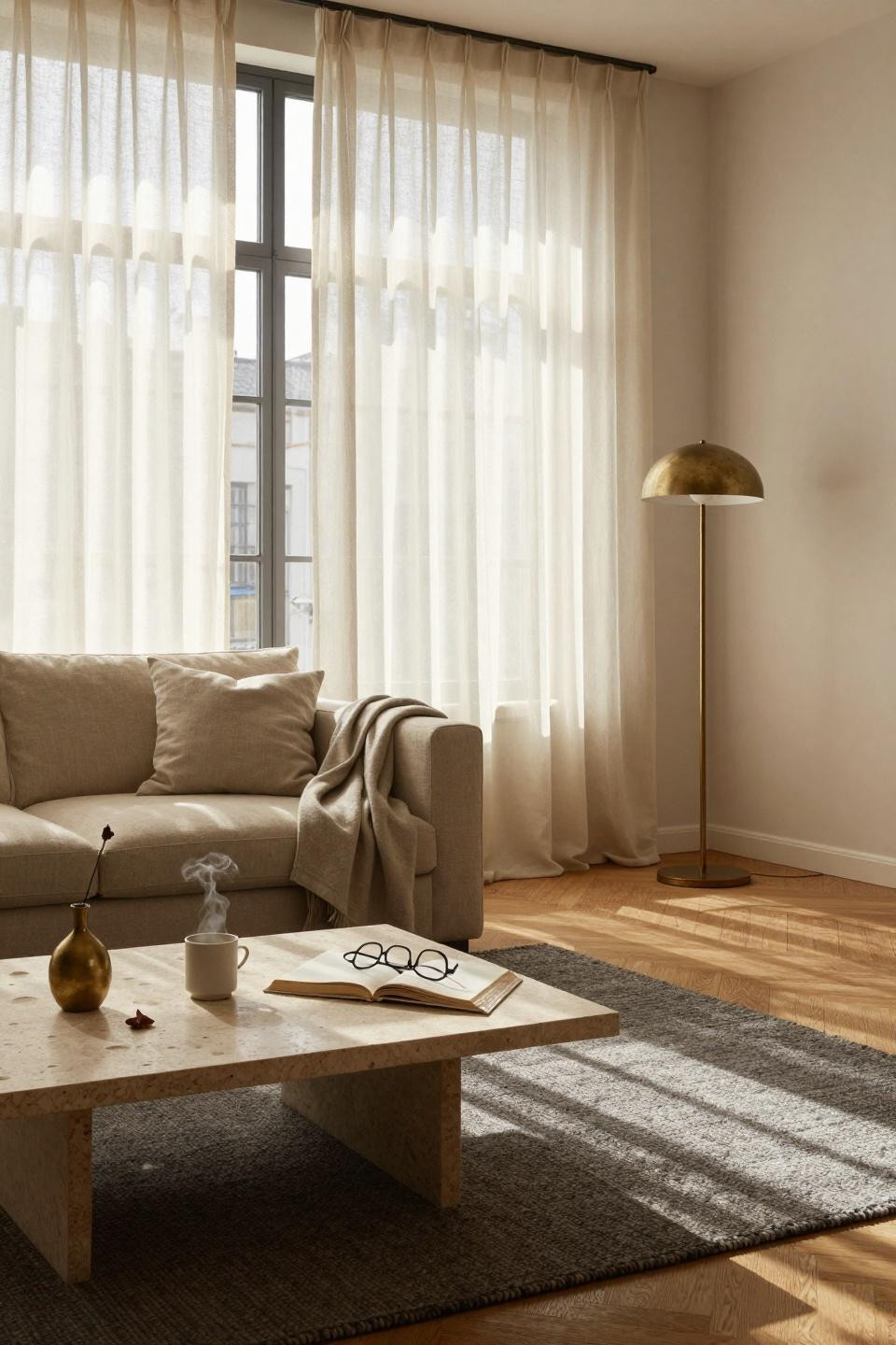 Lounge Room Ideas - minimalist lounge with herringbone wood floors