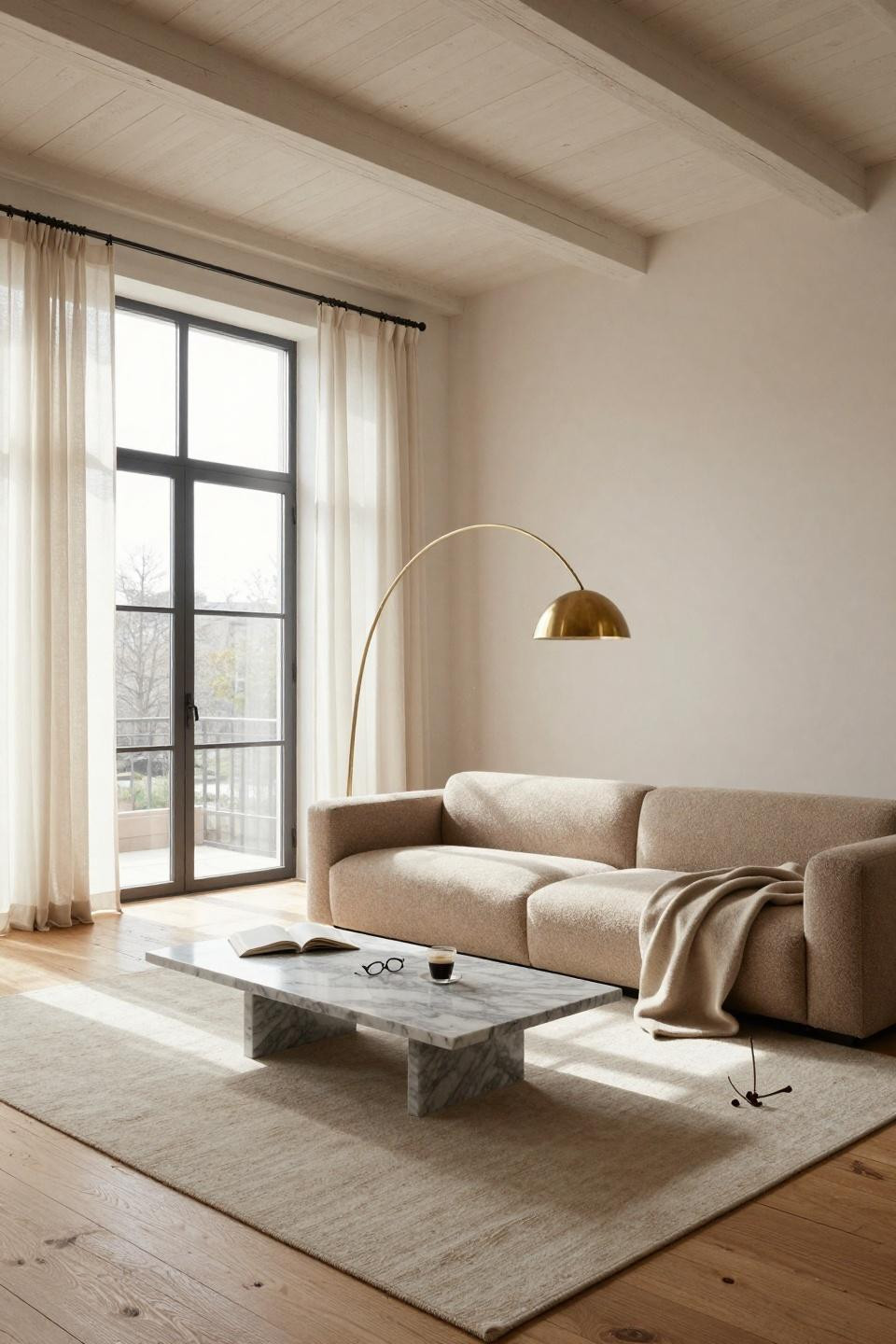 Lounge Room Ideas - minimalist living room with Arco floor lamp