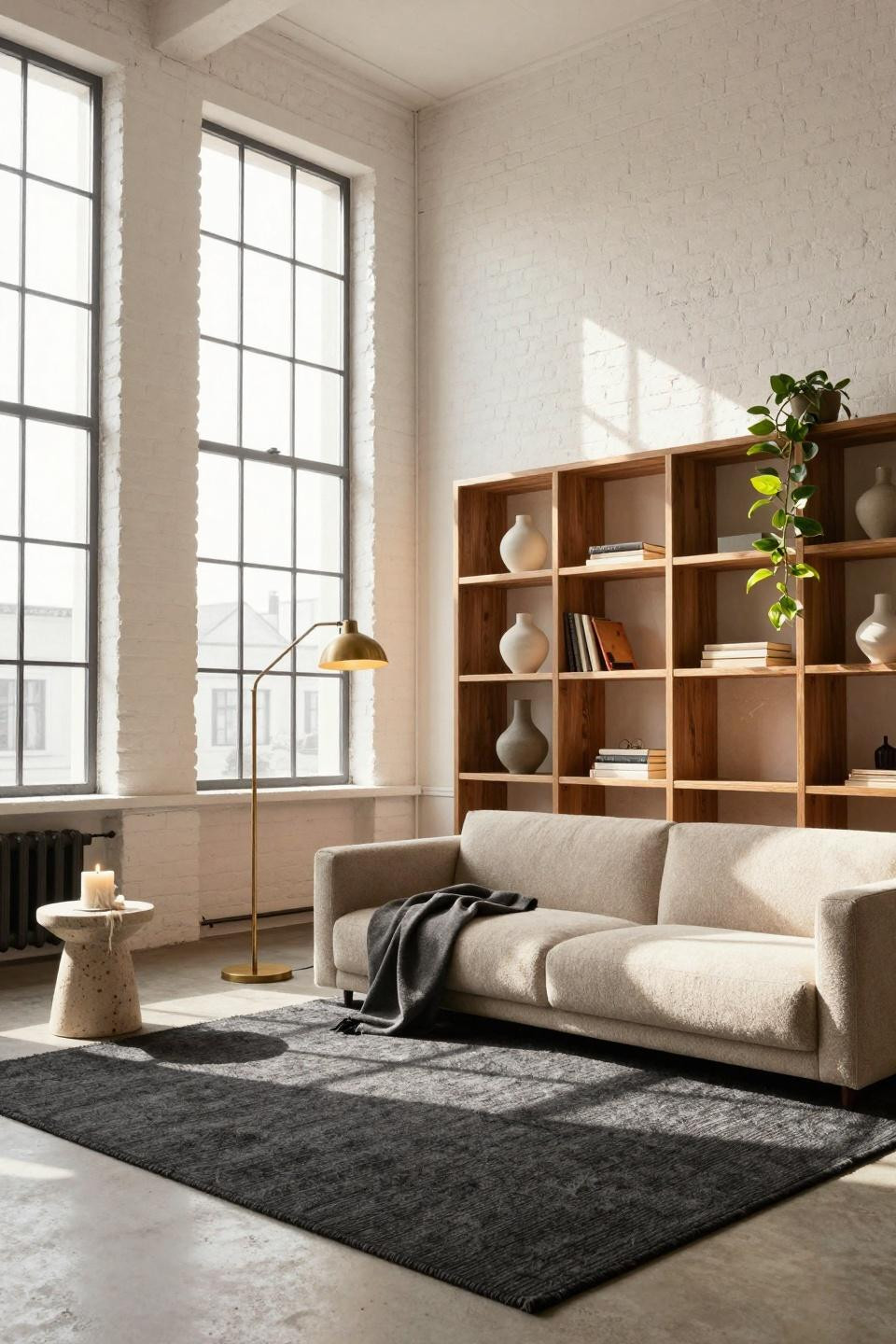 Lounge Room Ideas - minimalist lounge with floor to ceiling oak shelving
