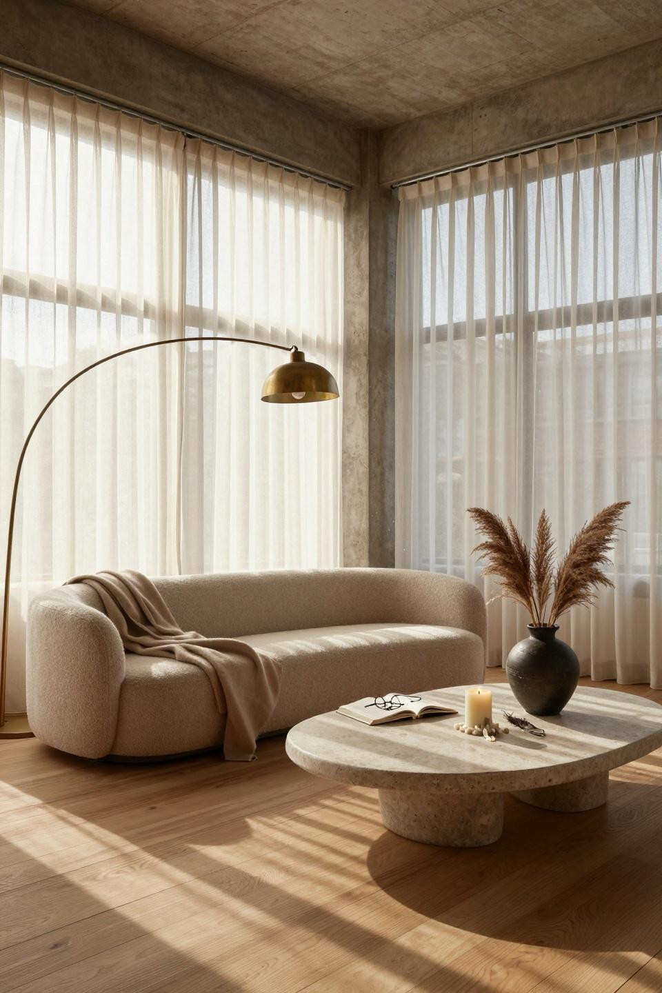 Lounge Room Ideas - minimalist lounge with exposed concrete ceiling