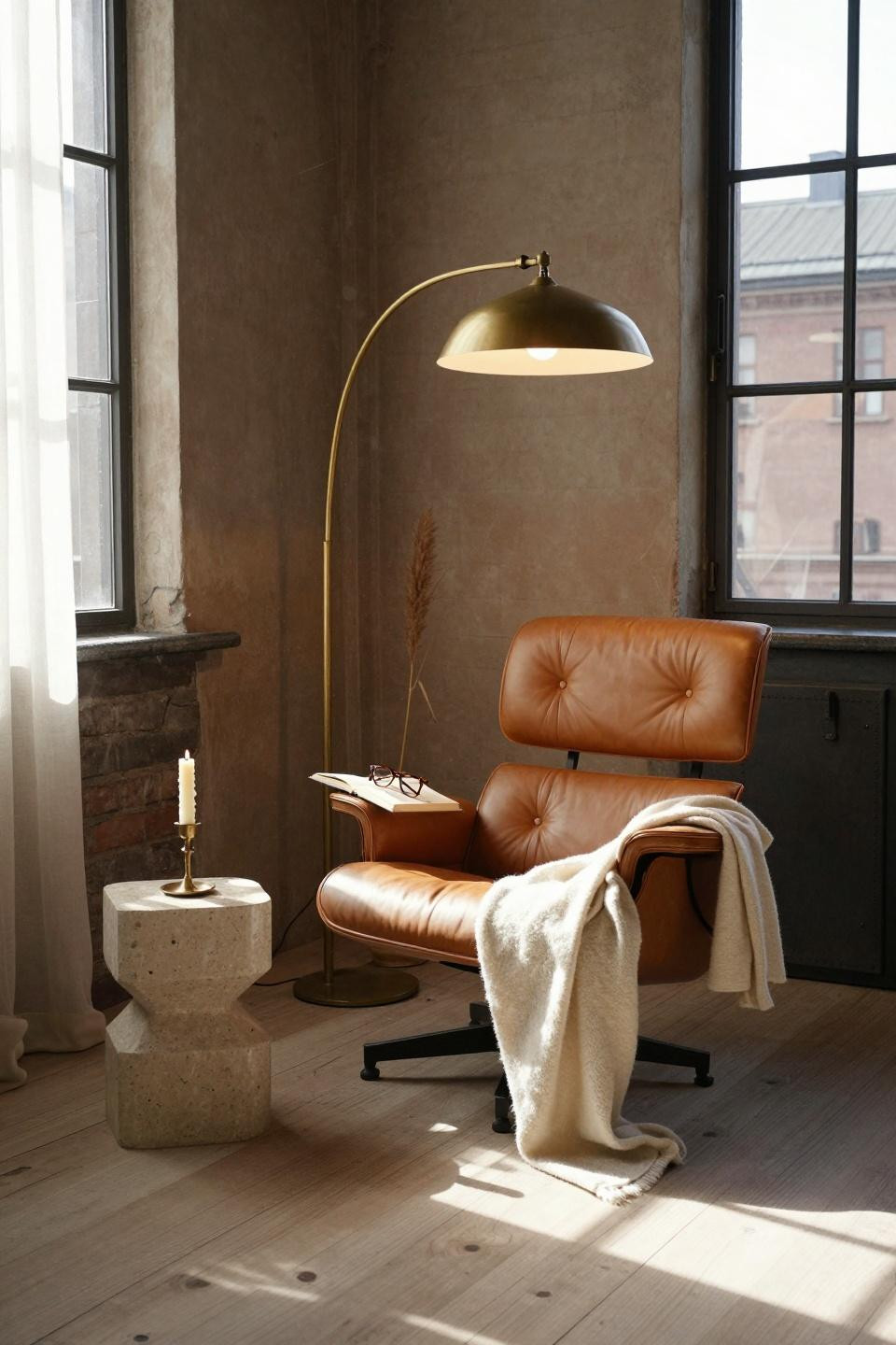 Lounge Room Ideas - minimalist lounge with cognac leather Eames chair