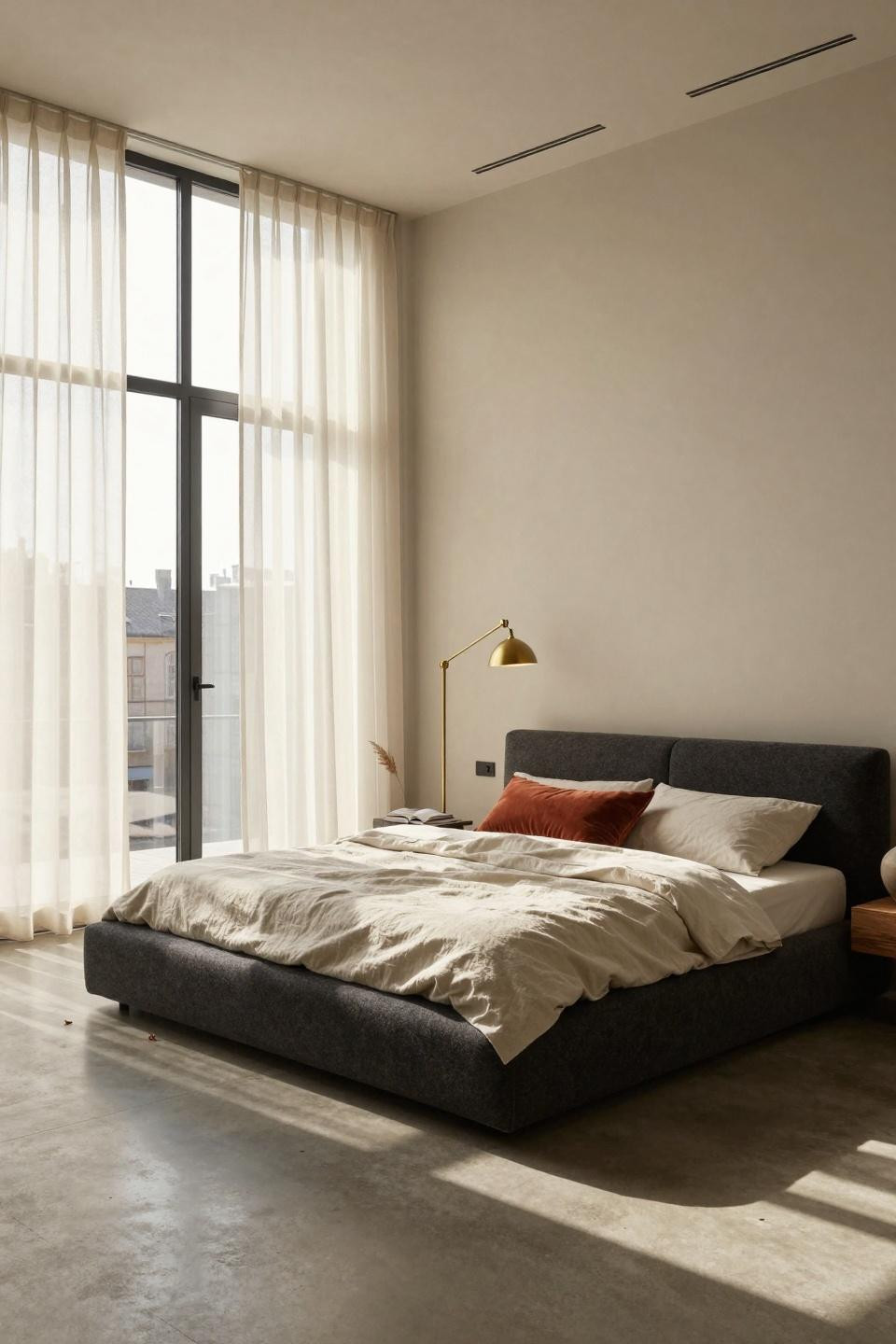 Master Bedrooms Decor - minimal bedroom with charcoal upholstered bed and terracotta accents