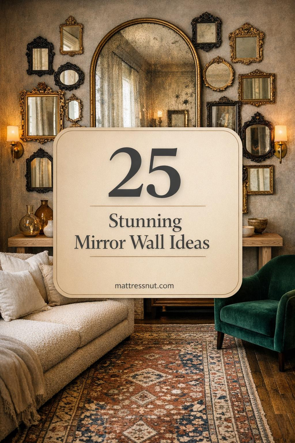 Sophisticated living room with gallery wall of antique mirrors in brass, gold, and silver frames above cream boucle sofa