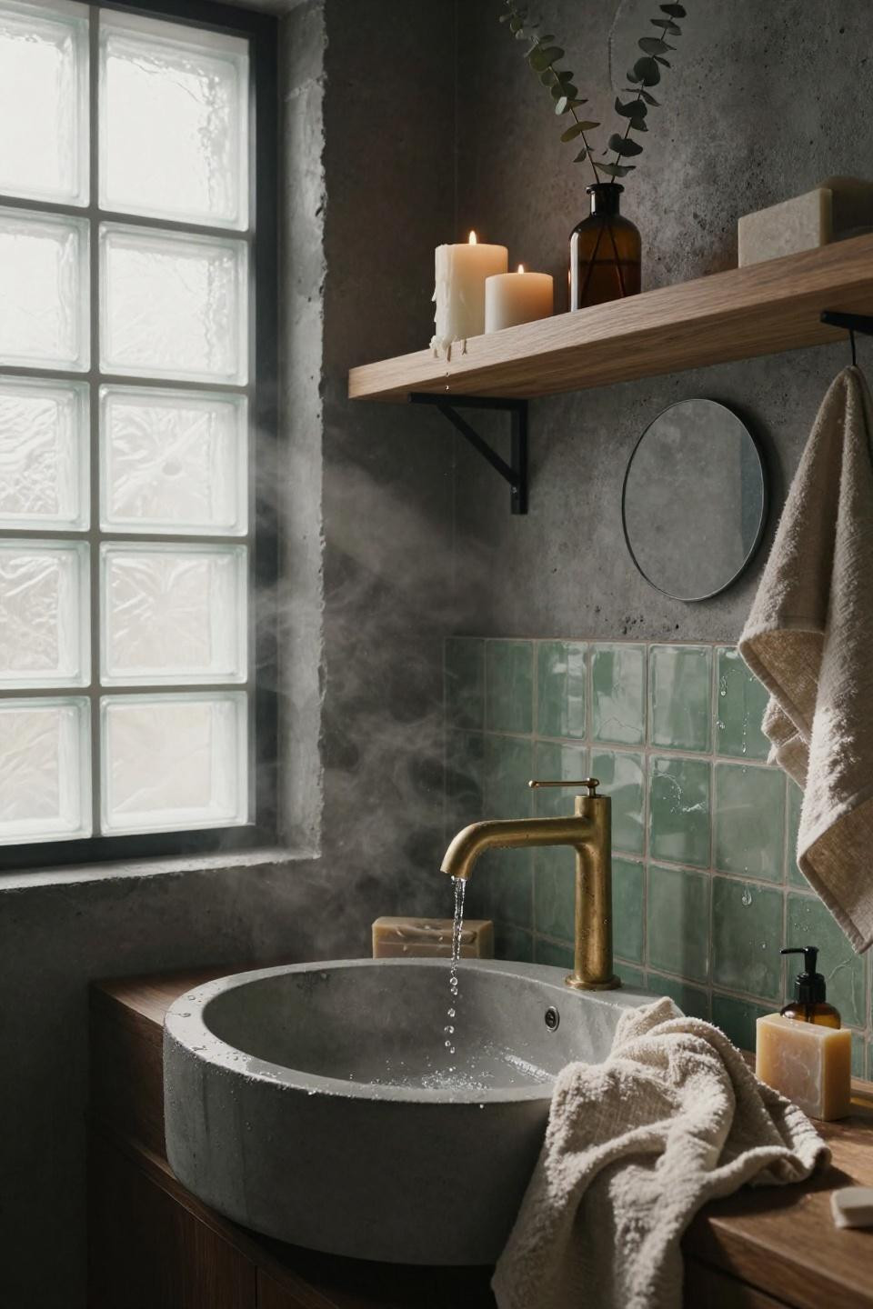 modern bathroom ideas - sage zellige tiles with brass fixtures