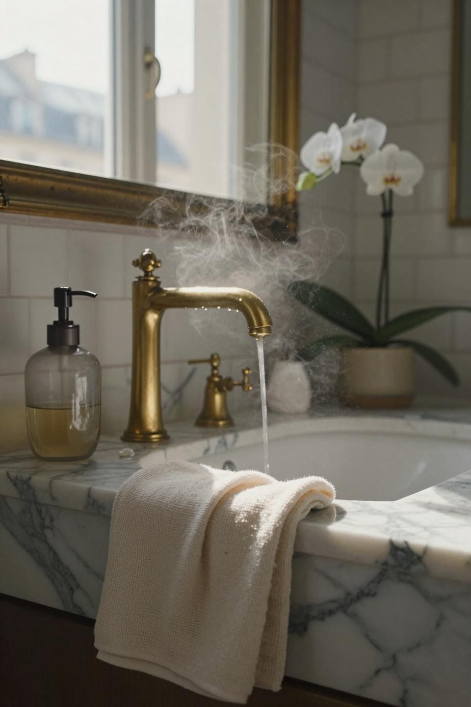 modern bathroom ideas - marble vanity with brass faucet closeup