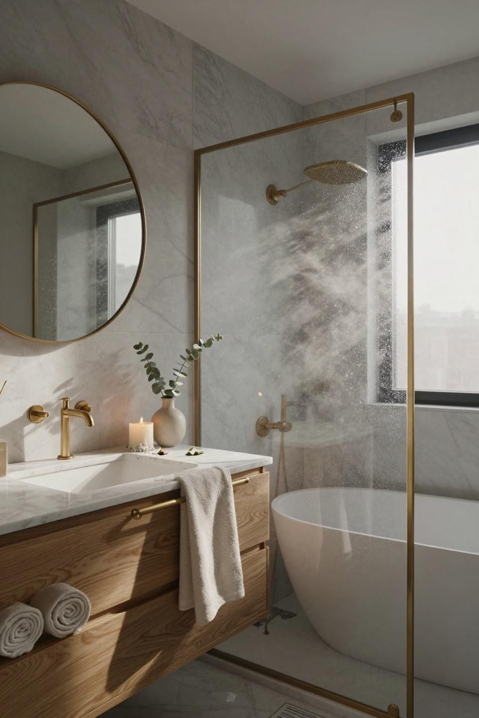 modern bathroom ideas - floating oak shelves in small bathroom