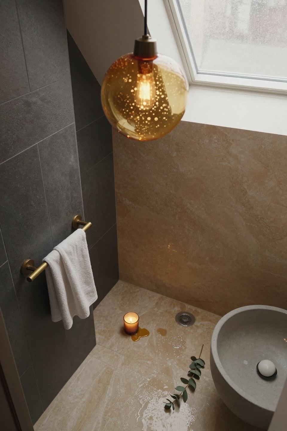 modern bathroom ideas - small bathroom with statement pendant light
