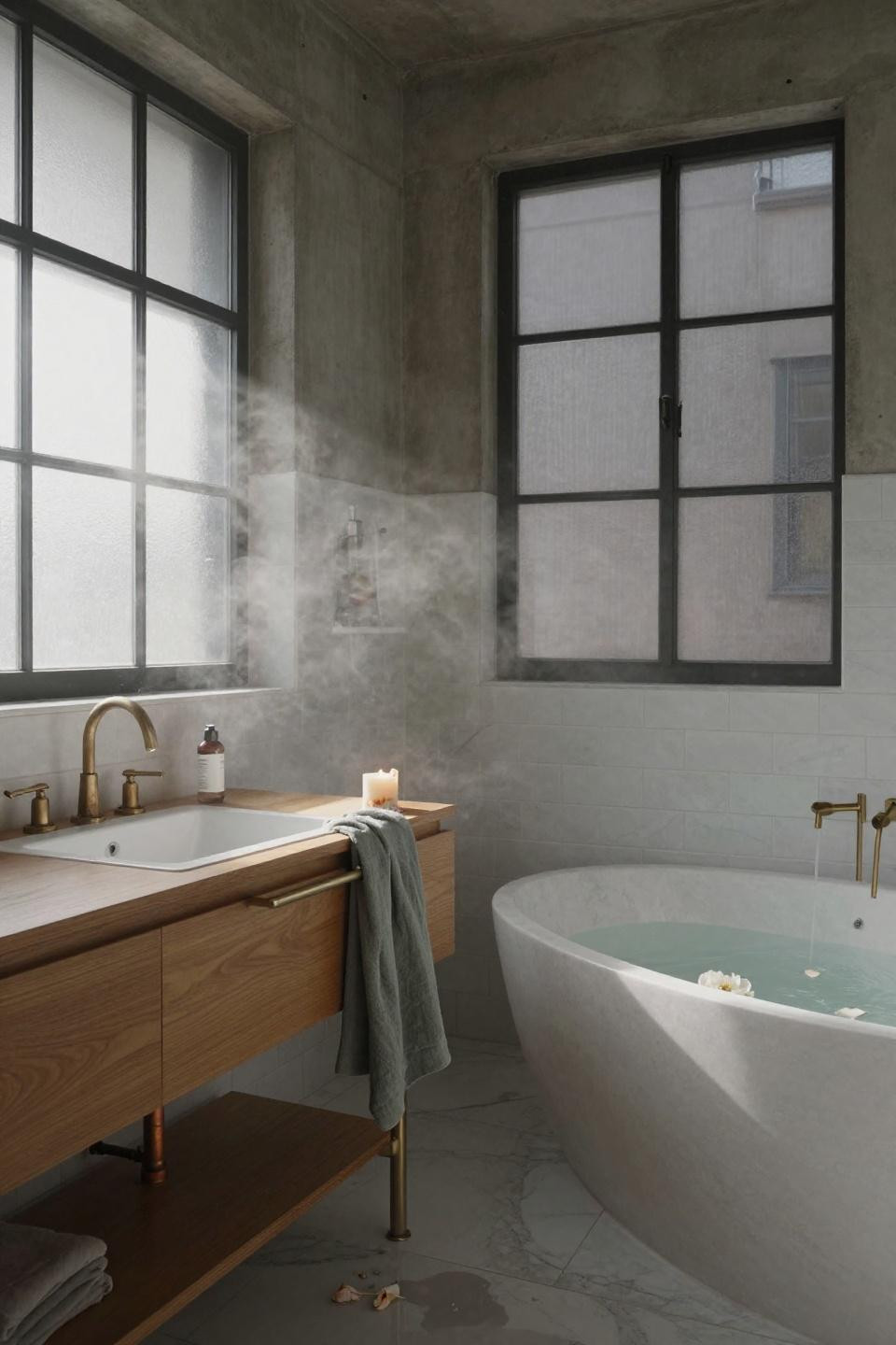 modern bathroom ideas - freestanding tub in compact space