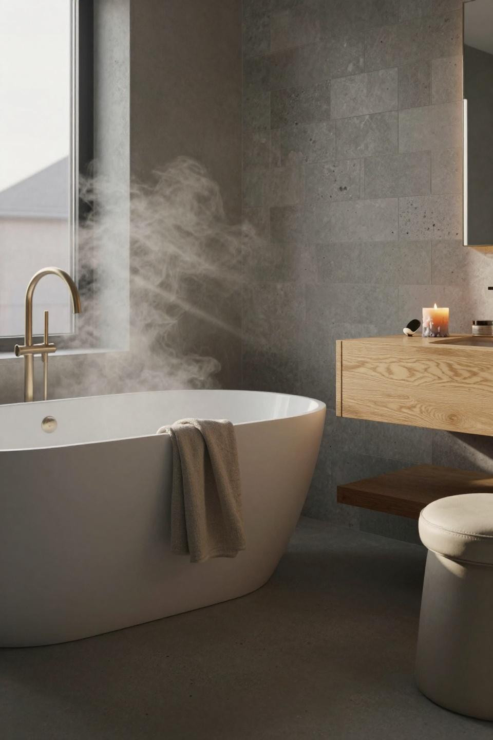 Modern bathroom ideas with oak vanity and concrete walls