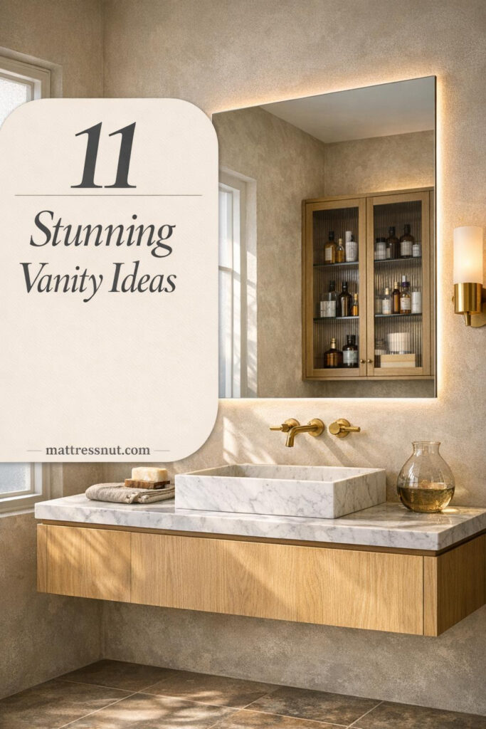 Floating white oak vanity with Carrara marble vessel sink, brass faucet, fluted glass doors, and LED-lit mirror in greige bathroom