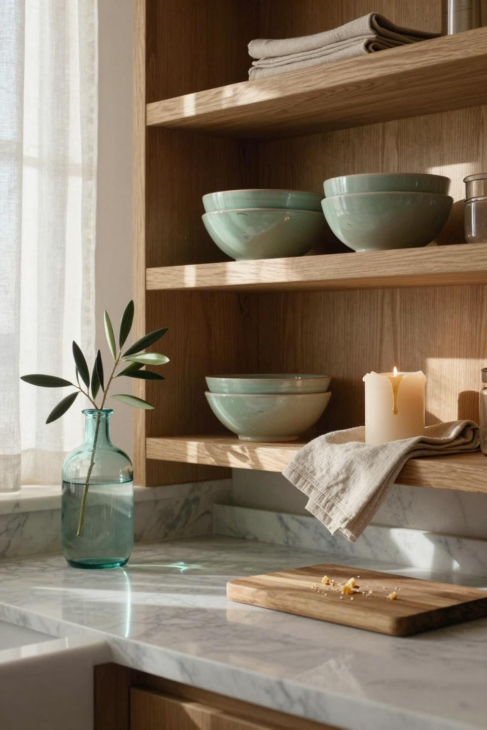 Coastal kitchen open shelving with ceramic bowls and linen