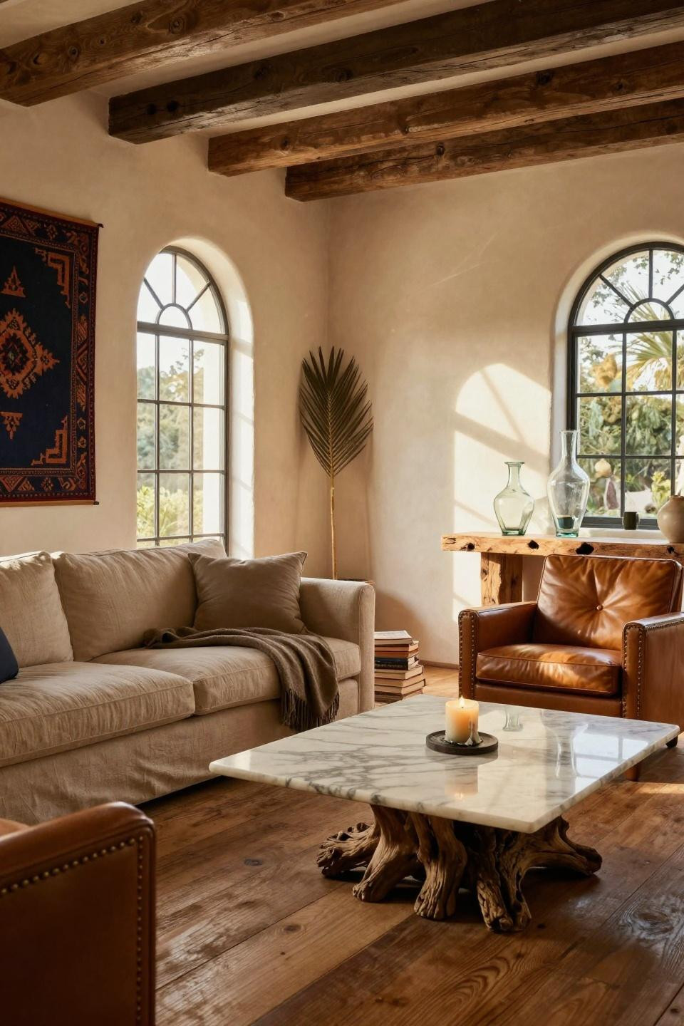 Modern Coastal Home in Spanish revival style with leather and marble