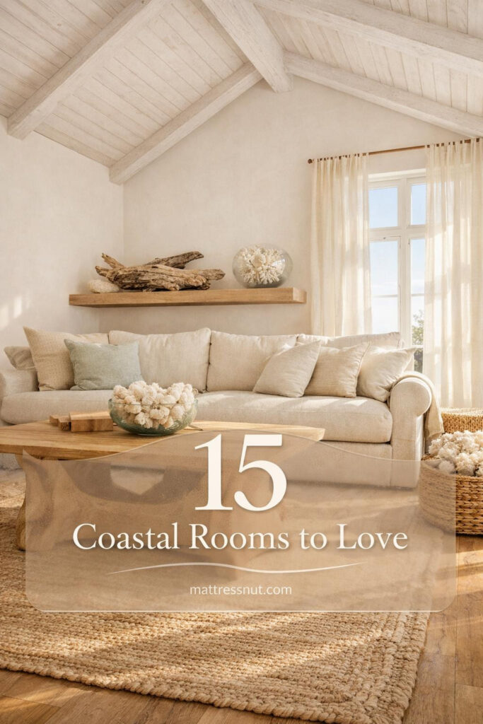 Bright living room featuring white linen sofa, natural driftwood accents, woven textures, ocean-inspired palette